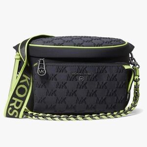 Michael Kors Neoprene Black Belt Bag with Green Accents New